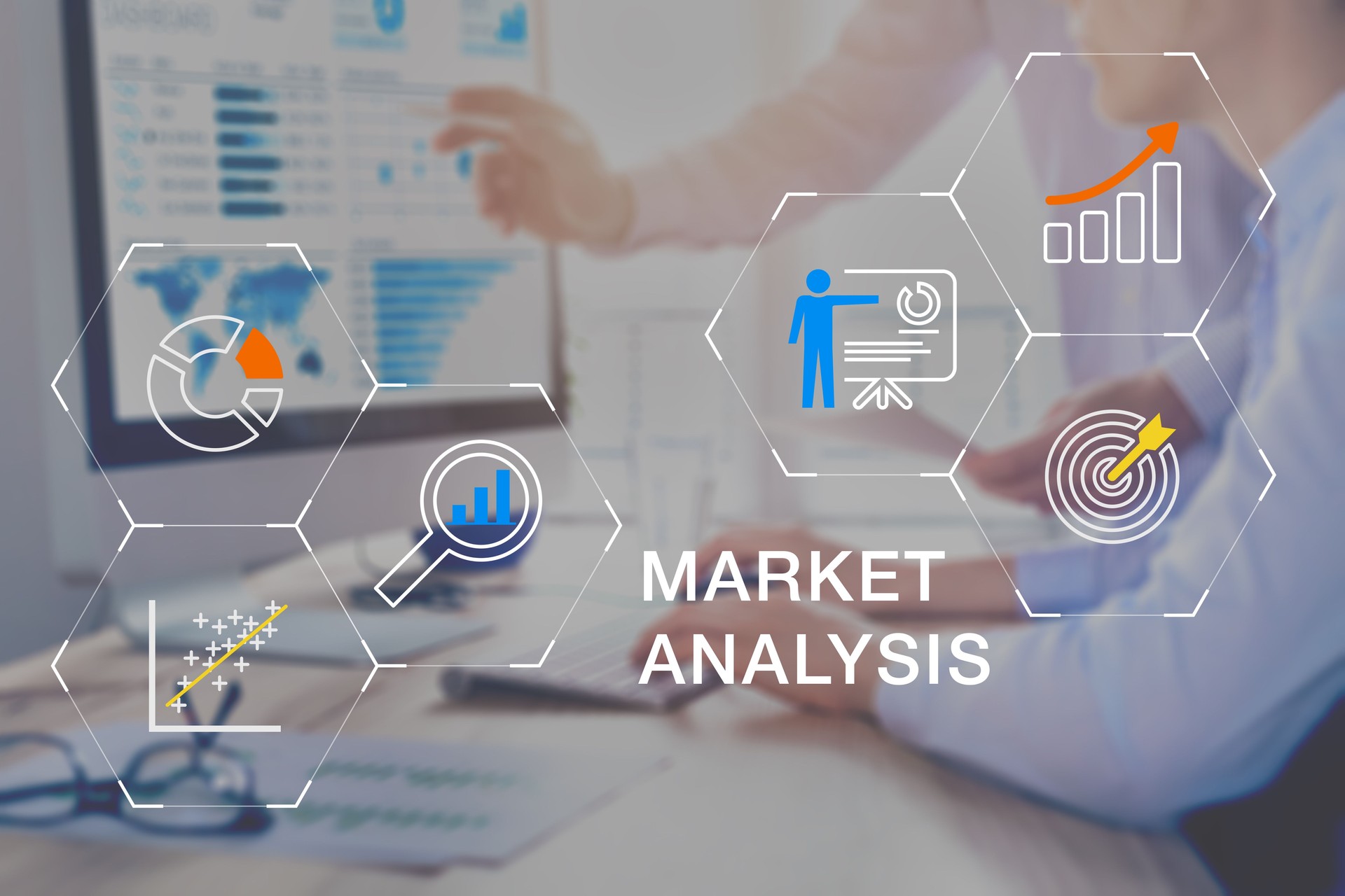 Market analysis business team working on sales data report analytics on computer screen in office for insights on decision about marketing and advertisement strategy, concept with icons